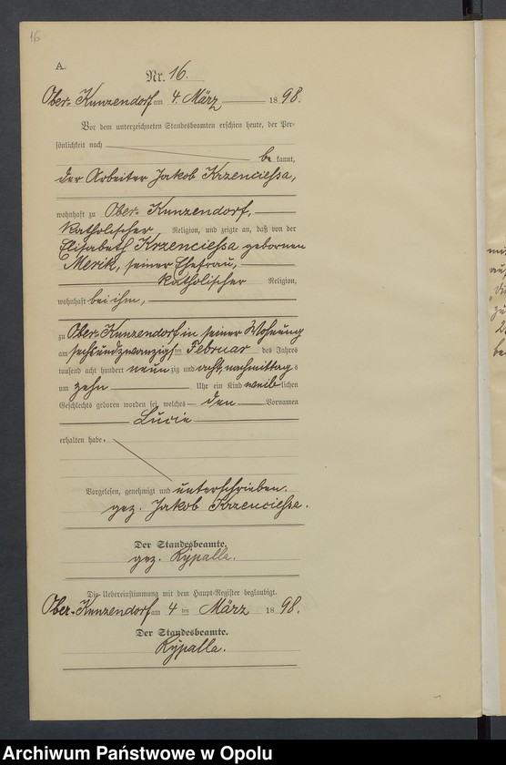 Obraz 20 z jednostki "Geburts-Neben-Register Standesamts Kunzendorf pro 1898"