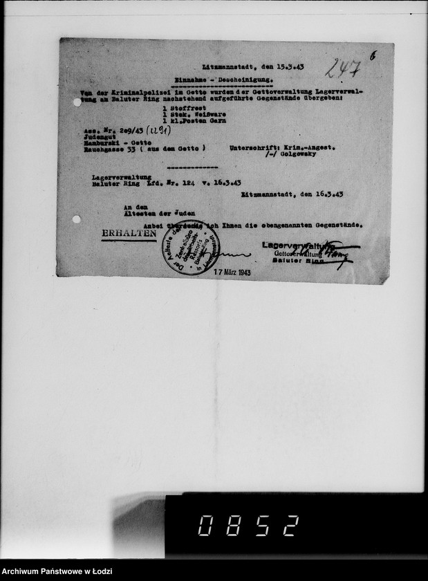 Obraz 10 z jednostki "[Konfiskata przez Kripo w Getcie ruchomego mająktu żydowskiego] Nr 1-250"