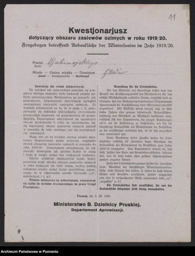 Obraz 13 z jednostki "[Kwestionariusz dotyczący zasiewów ozimych w roku 1919/1920 w powiecie babimojskim]"