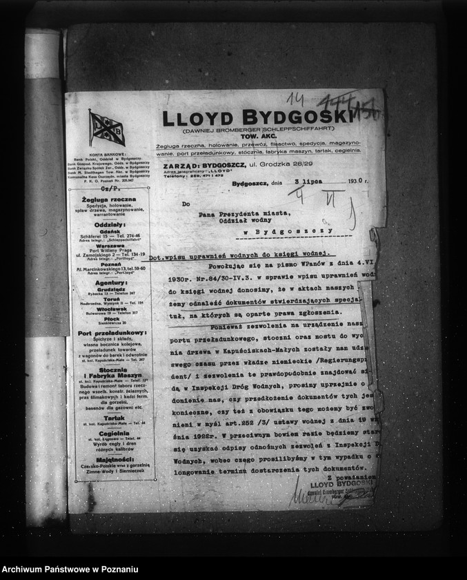 Obraz 18 z jednostki "/Uprawnienia wodne firmy Lloyd Bydgoski, Spółka Akcyjna Bydgoszcz ul. Grodzka 28/29/"
