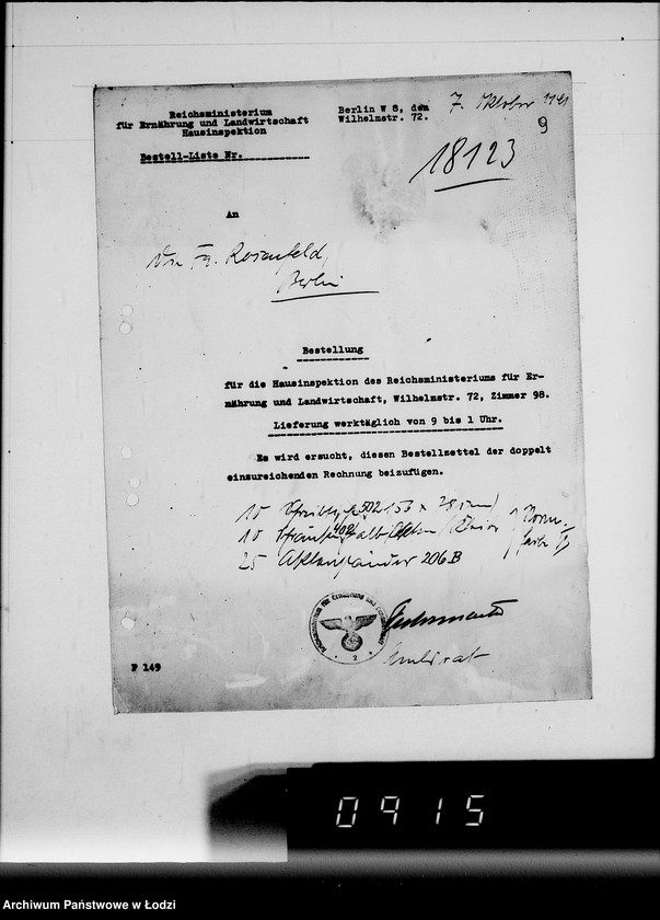 Obraz 13 z jednostki "Korrespondenz Firma Hans Rosenfeld-Büromebel mit Getto-Verwaltung betr.Büromebel"