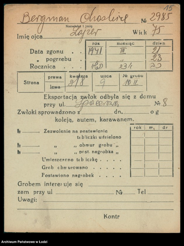 Obraz 16 z jednostki "Kartoteka osób pochowanych na cmentarzu żydowskim przy ulicy Brackiej w latach 1892-1955. Nazwiska na litery: Bergm-Berz"