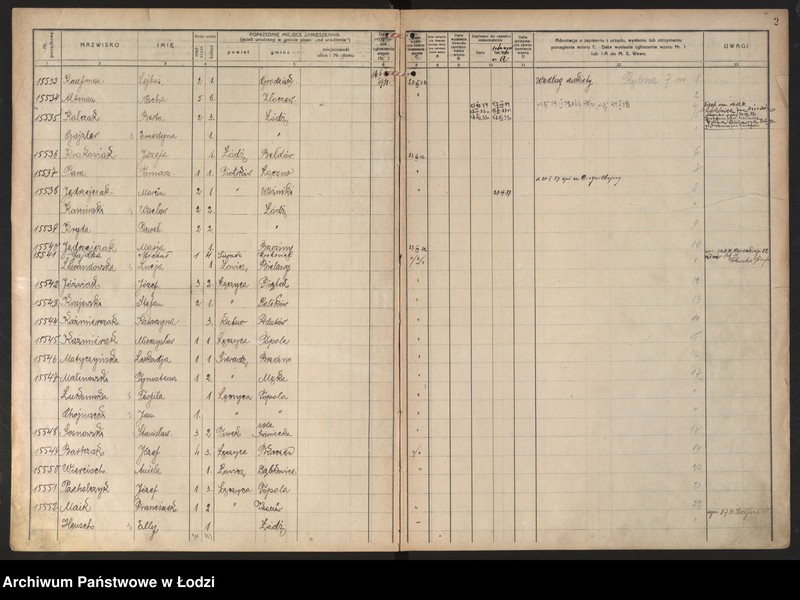 Obraz 6 z jednostki "Księga kontroli ruchu ludności (rejestr osób przybywających do gminy) Łódź, komisariat III, ks. VIII, nr 15533-17398"