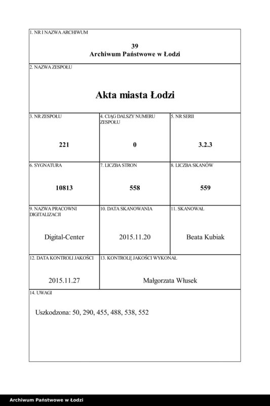 Obraz 2 z jednostki "Dowody metrykalne stałych mieszkańców m. Łodzi nr domu 1123, s. 255-371"