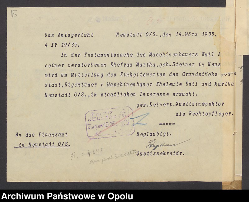image.from.unit.number "Verfügung von Todes wegen des Maschinenbauers Emil Aust und seiner Ehefrau Marta geb[orene] Steiner in Neustadt"