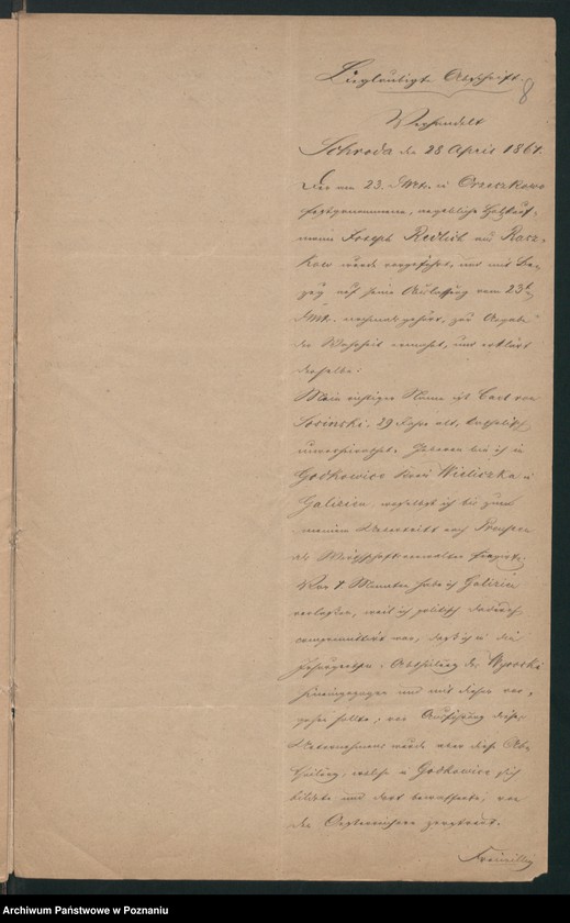 Obraz 11 z jednostki "Acta betreffend den in Orzeszkowo Kreis Schroda /Środa/ am 23.April 1864 verhafteten, angeblichen Holzkaufmann Josef Redlich aus Raszkowo, Kreis Adelnau /Odolanów/."