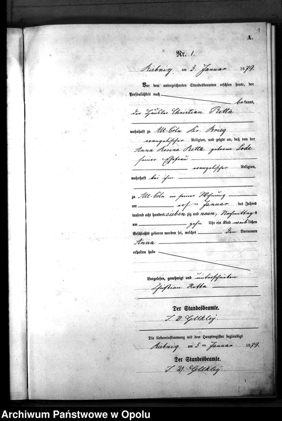 Obraz 4 z jednostki "Geburts-Neben-Register Standes-Amt Riebnig 1879"