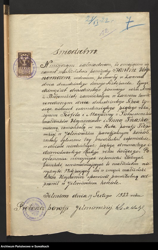 image.from.unit.number "Dokumenty przedstawione w roku 1922 do aktów ślubnych stanu cywilnego Filipowskiej R. Kat. parafji."