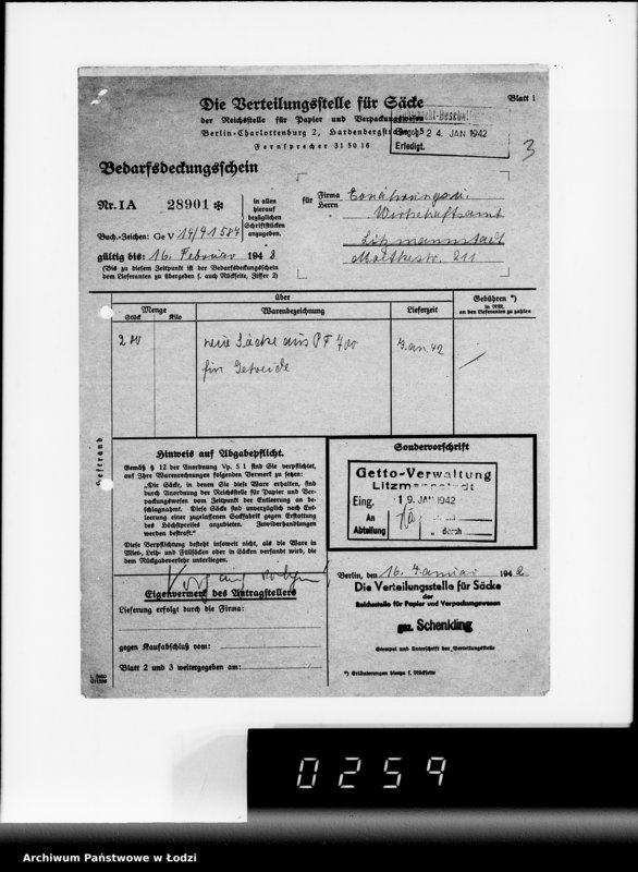 Obraz 7 z jednostki "Jute-Leinen Säcke [Dostawa do Getta]"