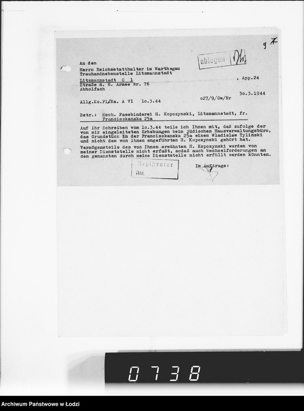 Obraz 14 z jednostki "Hauptreühandstelle Ost.[Korespondencja w sprawach majątkowych, podatkowych i należności finansowch]"