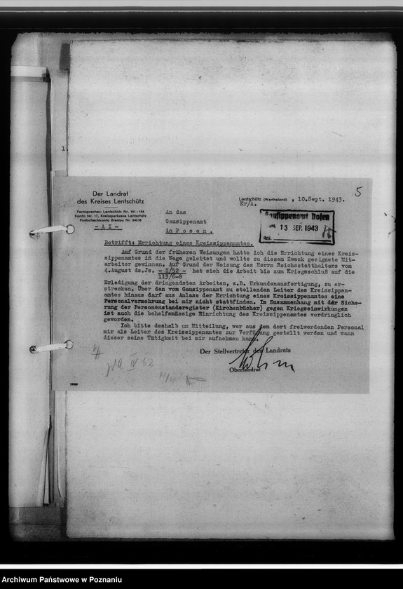 Obraz 9 z jednostki "[Korespondencja w sprawach organizacyjnych, sprawozdanie z działalności, Kreissippenamt Lentschütz Łęczyca, województwo łódzkie]"