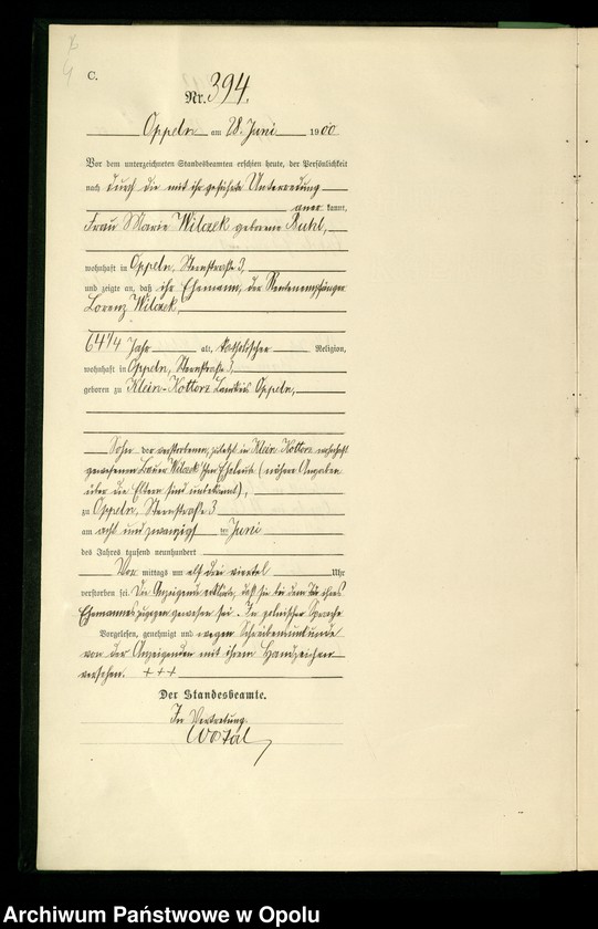 Obraz 7 z jednostki "Urząd Stanu Cywilnego w Opolu 1900 Rejestr zgonów Księga Miejscowa Nr 392 do 807"