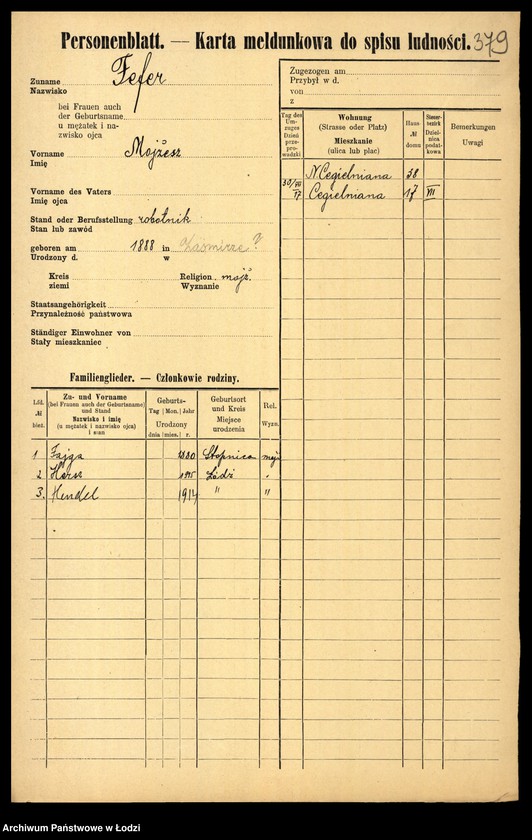 Obraz 16 z jednostki "[Spis ludności Łodzi] Fanelska - Fefer"