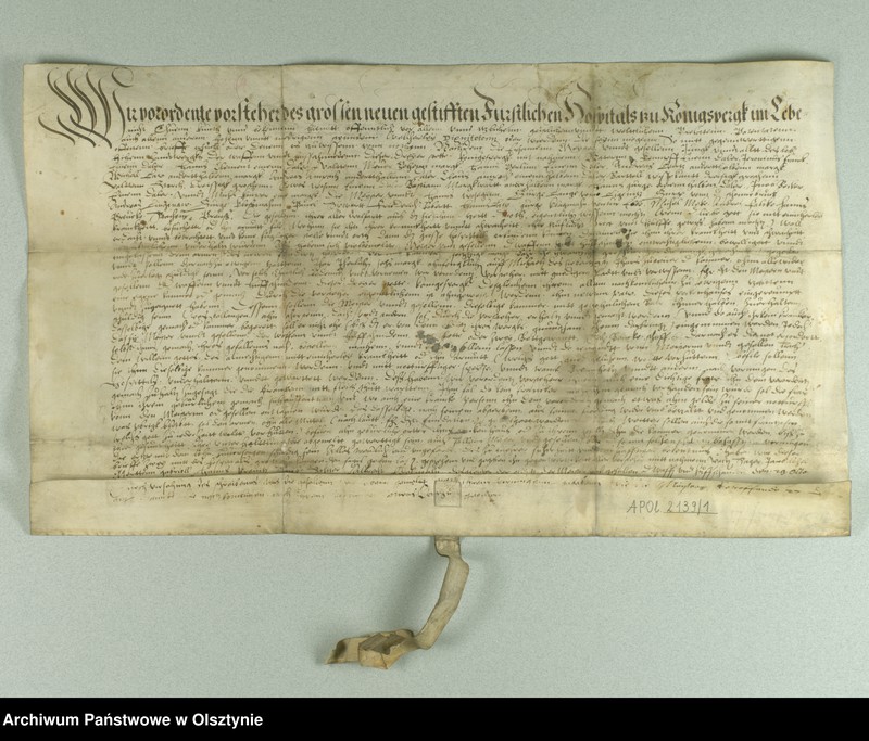 image.from.unit "Vorstand des Gr. Hospital verlieht 1 Stube der alten u. kranken Meistern u. Gesellen des Waffen-u. Schmieden-Gewerk zu Königsberg für alljährlich Zins 60 pr. Mark Dann Namen der 12 Meistern, 13 Gesellen und 6 Vorstand-Mitglieder./Urkunde auf Pergament/"