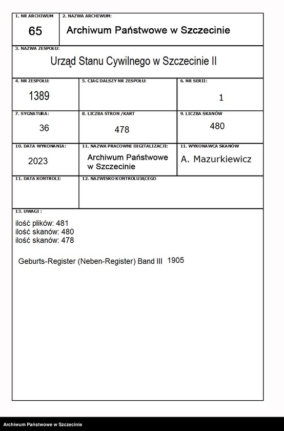 Obraz 1 z jednostki "Geburts-Register (Neben-Register) Band III"