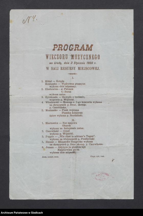 Obraz z jednostki "Program wieczoru muzycznego we środę 3 stycznia 1900 Siedlce w Sali Resursy Miejscowej"