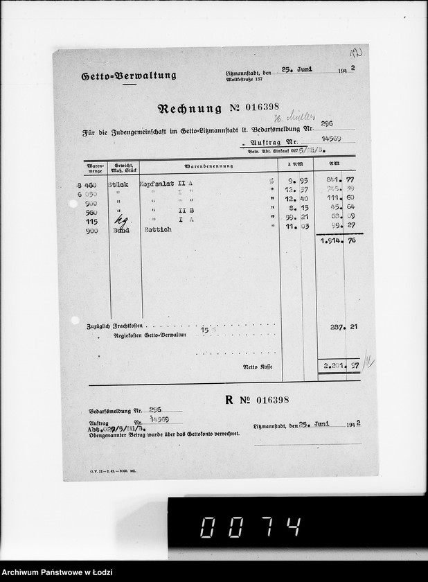 Obraz 16 z jednostki "Aufträge, Lieferscheinen und Rechnungen 14501-14570. [Zlecenia na produkty dla Getta. Rachunki, kwity przewozowe, korespondencja]"