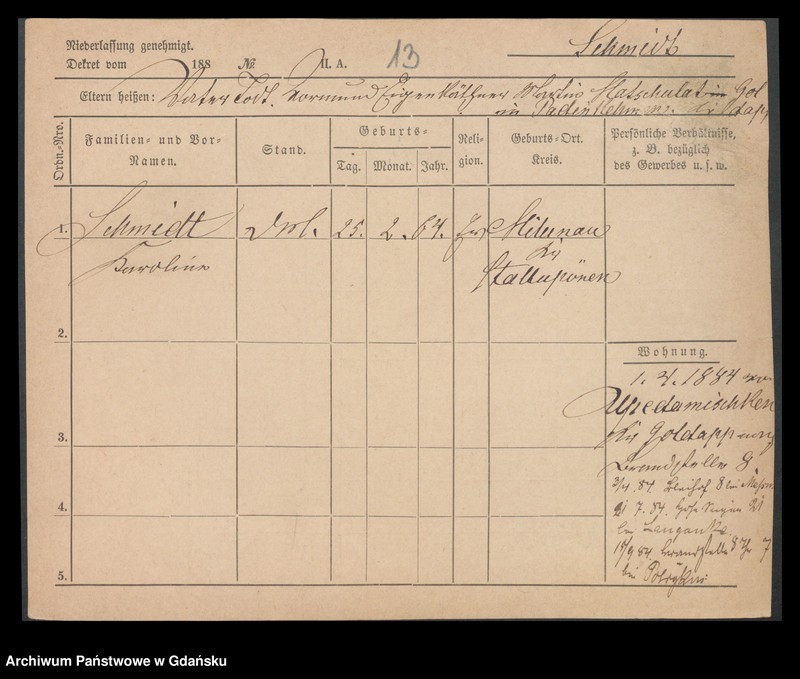 image.from.unit.number "Karty meldunkowe: Schmidt Karoline - Schmidt Nicolaus"