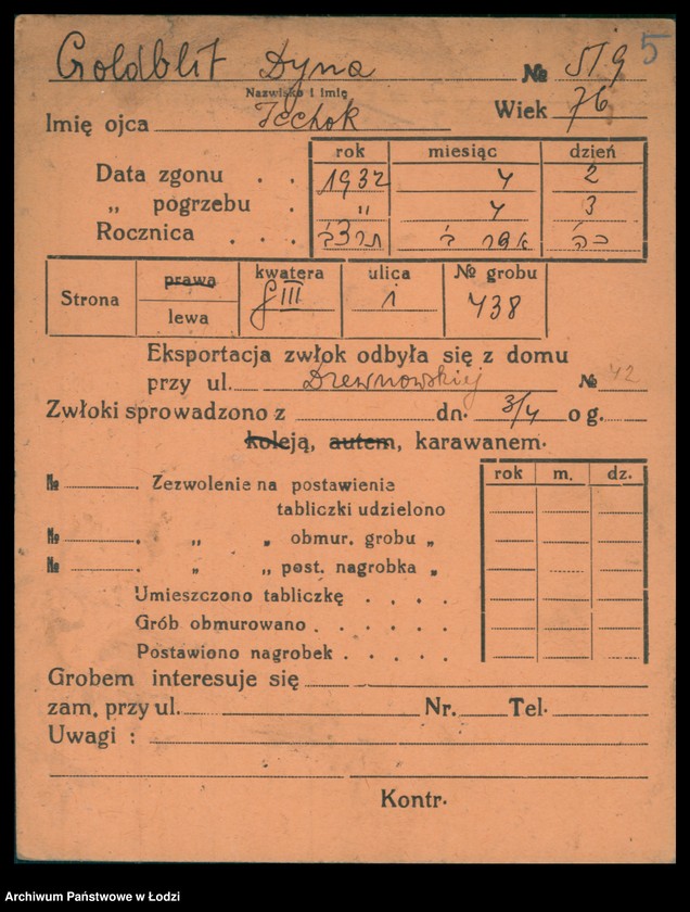 Obraz 6 z jednostki "Kartoteka osób pochowanych na cmentarzu żydowskim przy ulicy Brackiej w latach 1892-1954. Nazwiska na litery: Goldbl-Goldsz"