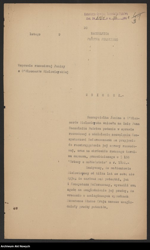 image.from.unit.number "Przeniesienie forum sądowego spraw rozwodowych do Sądów Konsystorskich Ewangelicko - Augsburskiego i Ewangelicko - Reformowanego oraz skrócenie rocznego terminu zapozwu w sprawach rozwodowych, rozpatrywanych przed najwyższymi sądami. Reskrypty Naczelnika Państwa, wnioski, korespondencja z Min. Wyznań Religijnych i Oświecenia Publicznego"