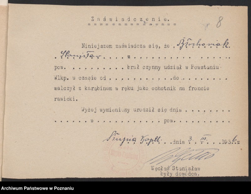 Obraz 11 z jednostki "Słupia Kapitulna, powiat Rawicz - indywidualne zaświadczenia o uczestnictwie w powstaniu."