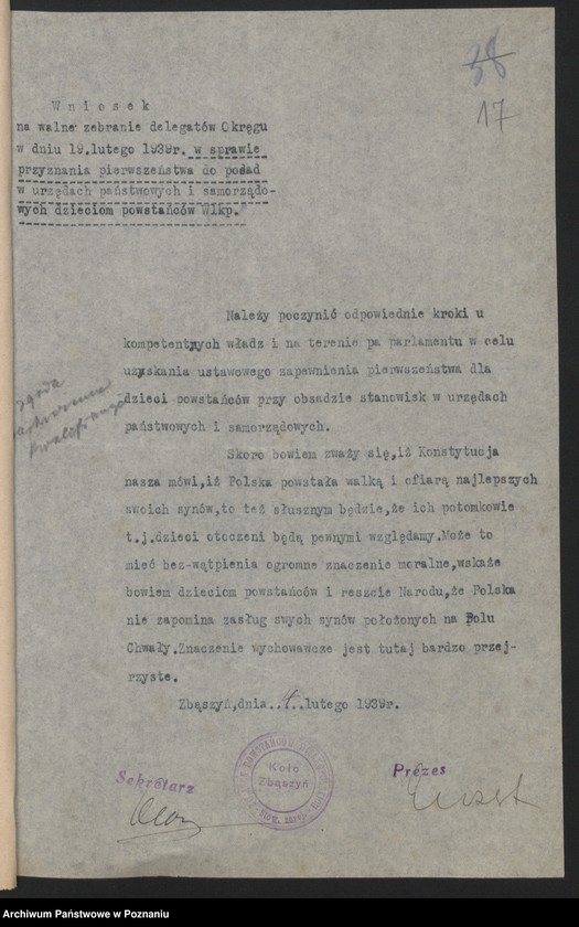 image.from.unit.number "Walny Zjazd Delegatów [wnioski na zjazd, ewidencja kół, sprawozdania sekretarza, komendanta delegatury grodzkiej, bilans]"