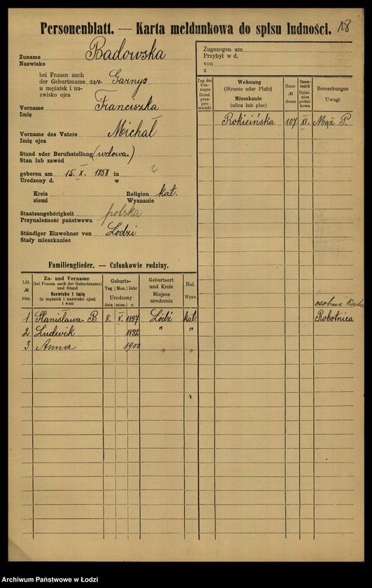 Obraz 20 z jednostki "[Spis ludności Łodzi] Bader - Beierlein"