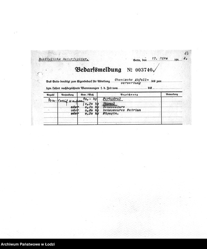 Obraz 16 z jednostki "Bedarfsmeldungen [Skierowane do GV zapotrzebowania na surowce, materiały, narzędzia, maszyny itp. potrzebne resortom pracy do produkcji; zamówienia żywności, lekarstw]"