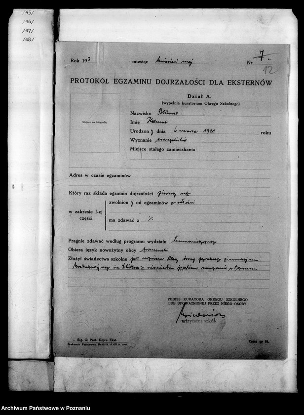 Obraz 15 z jednostki "[Gimnazjum Marii Magdaleny w Poznaniu protokoły z egzaminu dojrzałości eksternów]"