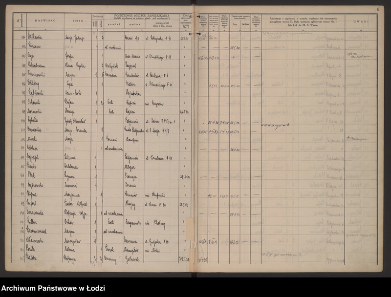 Obraz 9 z jednostki "Księga kontroli ruchu ludności (rejestr osób przybywających do gminy) Łódź, komisariat XIII, nr 1-1997, nr 1-1575, nr 1-779"