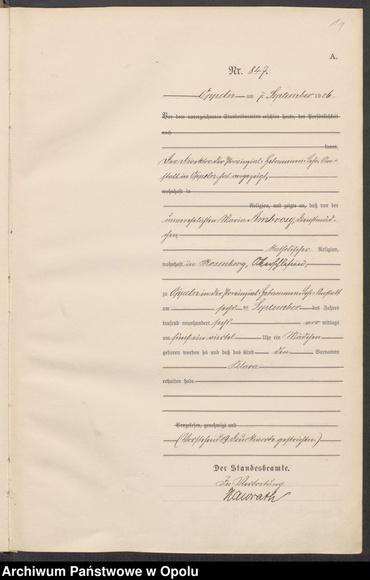 Obraz 15 z jednostki "Urząd Stanu Cywilnego w Opolu 1906 Rejestr Urodzeń miejscowa Nr 838 do 1264"