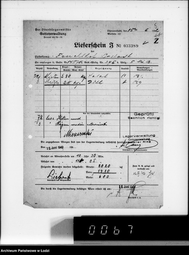 Obraz 9 z jednostki "Aufträge, Lieferscheinen und Rechnungen 14501-14570. [Zlecenia na produkty dla Getta. Rachunki, kwity przewozowe, korespondencja]"