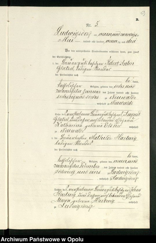 Obraz 13 z jednostki "Heiraths-Neben-Register des Standesamts Ludwigsdorf pro 1893"