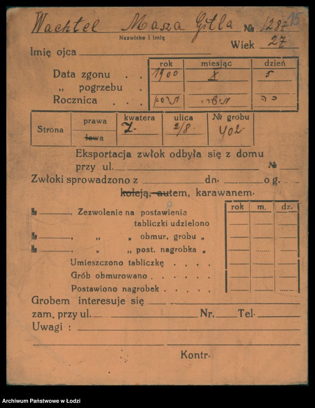 Obraz 16 z jednostki "Kartoteka osób pochowanych na cmentarzu żydowskim przy ulicy Brackiej w latach 1892-1953. Nazwiska na litery: Wac-Wajng"