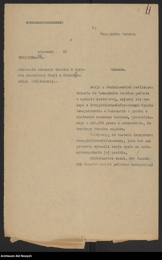 image.from.unit.number "Skrócenie rocznego terminu zapozwu w sprawach rozwodowych, rozpatrywanych przed Sądami Konsystorskimi Ewangelicko - Augsburskim i Ewangelicko - Reformowanym. Reskrypty Naczelnika Państwa, wnioski, korespondencja z Min. Wyznań Religijnych i Oświecenia Publicznego"