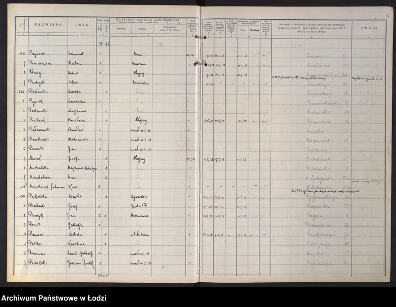 Obraz 10 z jednostki "Księga kontroli ruchu ludności (rejestr osób opuszczających gminę) Łódź, zespół V, lit. M, P"
