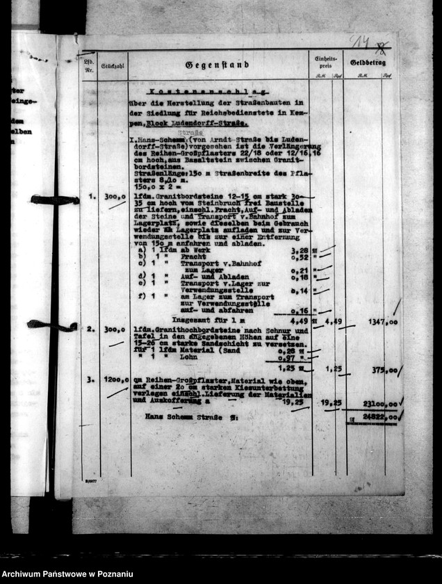Obraz 18 z jednostki "Kreisstadt Kempen. Antrag auf Aufschliessungskosten der Siedlung für Reichsbedienstete"