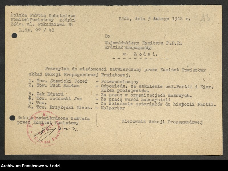 Obraz 14 z jednostki "Sprawozdania [z działalności, protokoły posiedzeń] sekcji propagandy komitetów powiatowych i komitetów miejskich"