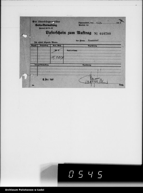 Obraz 12 z jednostki "Aufträge 5734-10700 [Faktury, listy przewozowe na dostarczone dla Getta produkty żywnościowe, materiały opałowe, przemysłowe]"