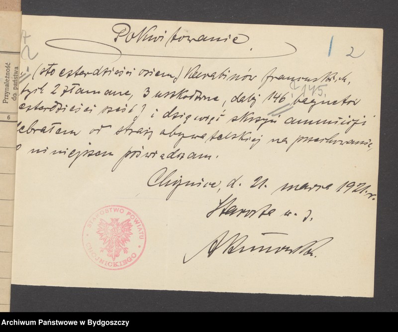 image.from.unit.number "[Raport o stanie uzbrojenia, statystyka broni, imienny spisy członków straży obywatelskiej z Głowczewic, powiat chojnicki]"