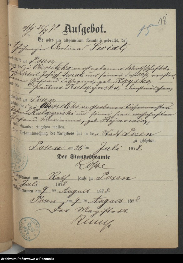 Obraz 20 z jednostki "Die von den Verlobten beigebrachten Urkunden zur Eheschliessung pro 1878"