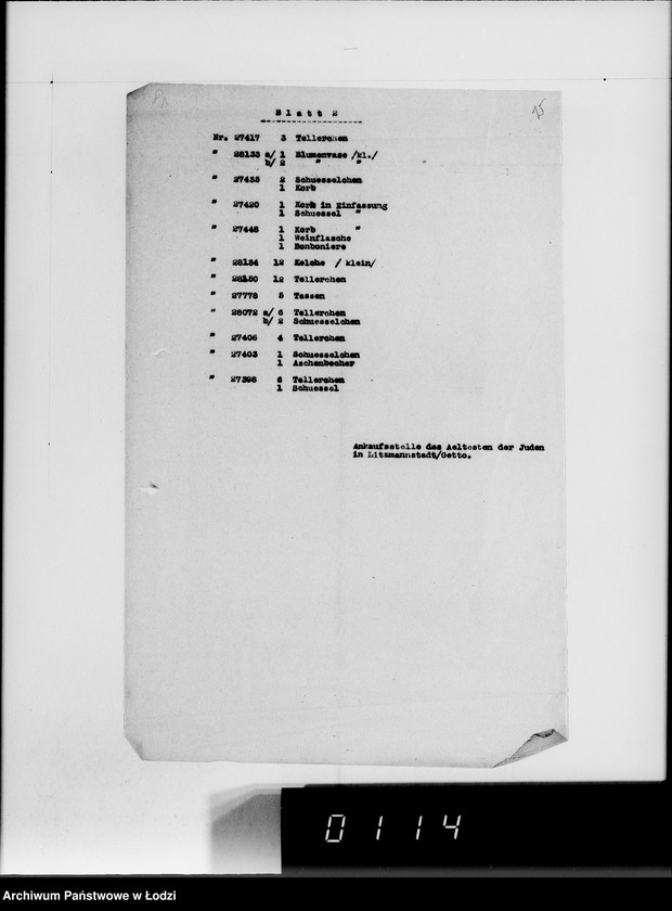 Obraz 19 z jednostki "Anlieferung des Judenältesten Silber [Zestawienia skonfiskowanych w Getcie kosztowności]"