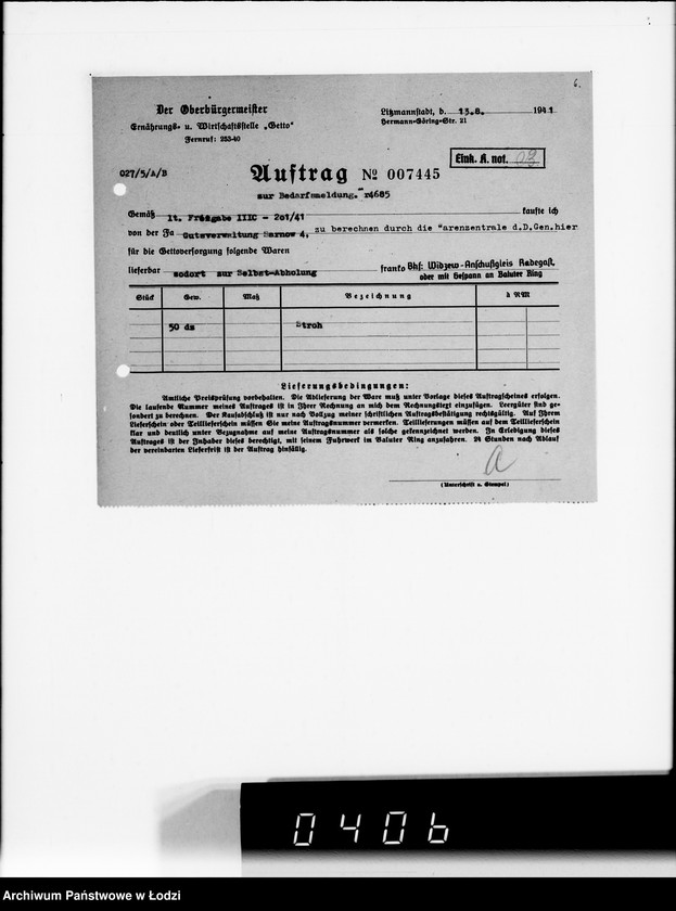Obraz 10 z jednostki "[Upoważnienia do odbioru produktów żywnościowych i innych materiałów dostarczanych dla Getta] Auftragskopien"