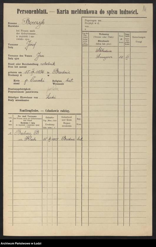 Obraz 16 z jednostki "[Spis ludności Łodzi] Borczuch - Borkowski"