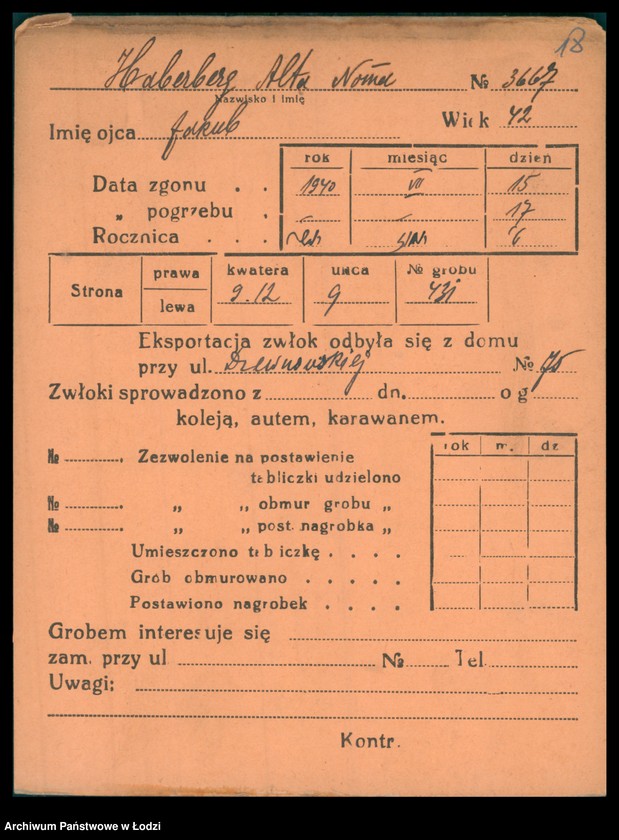 Obraz 19 z jednostki "Kartoteka osób pochowanych na cmentarzu żydowskim przy ulicy Brackiej w latach 1892-1961. Nazwiska na litery: Ha-Helme"