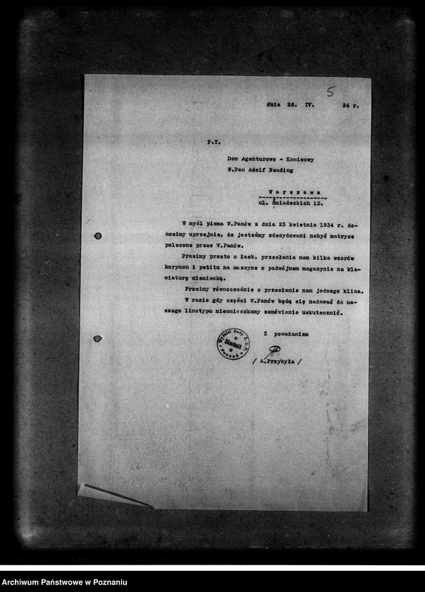 Obraz 9 z jednostki "Korespondencja z firmami: Tadeusz Drozdowski i Spółka z ograniczoną odpowiedzialnością oraz Dom Agentowo-Komisowy Adolf Neuding w sprawi maszyn i części linotypowych"