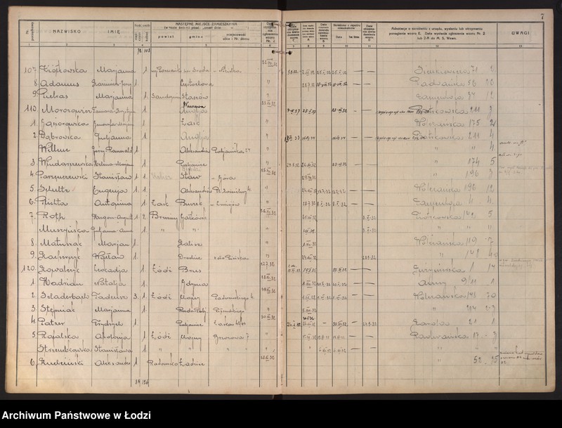 Obraz 10 z jednostki "Księga kontroli ruchu ludności (rejestr osób opuszczających gminę) Łódź, komisariat X, nr 1-624, nr 1-1443, nr 1-1453, 1-592"