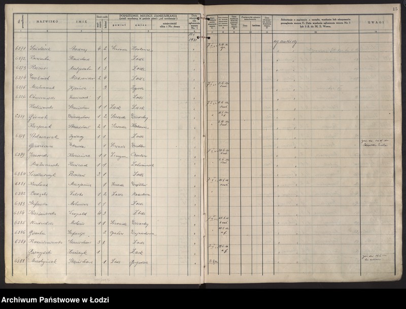 Obraz 18 z jednostki "Księga kontroli ruchu ludności (rejestr osób przybywających do gminy) Łódź, komisariat IV, ks. III, nr 6150-9390"