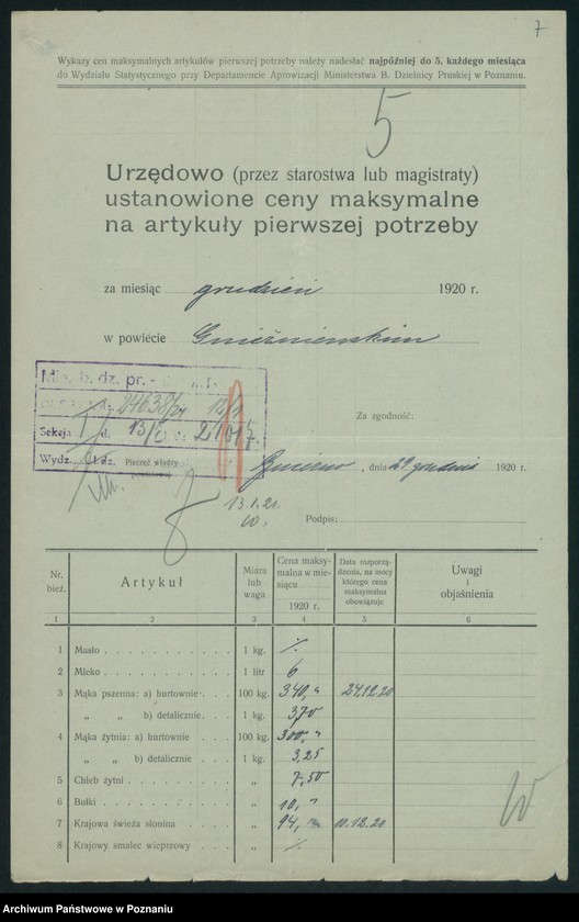 Obraz 9 z jednostki "[Wykazy urzędowo ustanowionych cen maksymalnych na artykuły pierwszej potrzeby na terenie Województwa Poznańskiego za miesiąc grudzień 1920 roku]"