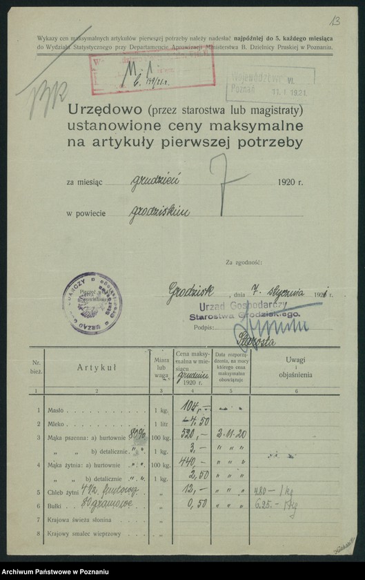 Obraz 15 z jednostki "[Wykazy urzędowo ustanowionych cen maksymalnych na artykuły pierwszej potrzeby na terenie Województwa Poznańskiego za miesiąc grudzień 1920 roku]"